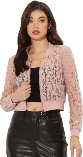 Allegra K Women's Crop Jacket Stand Collar Zip Up Sexy Sheer Gothic Lace Lightweight Baseball Jacket