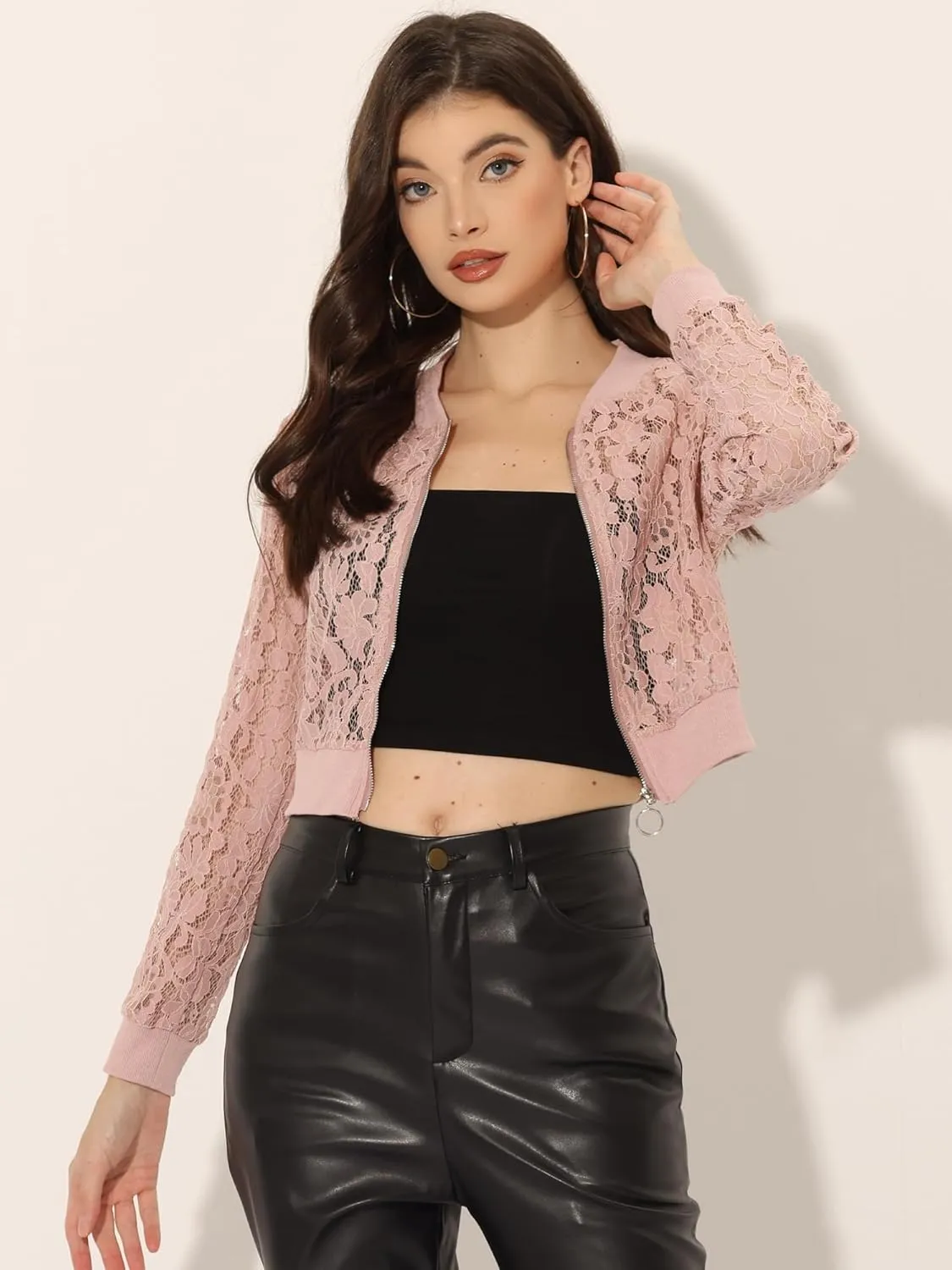 Allegra K Women's Crop Jacket Stand Collar Zip Up Sexy Sheer Gothic Lace Lightweight Baseball Jacket