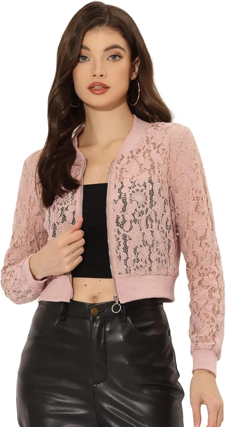 Allegra K Women's Crop Jacket Stand Collar Zip Up Sexy Sheer Gothic Lace Lightweight Baseball Jacket