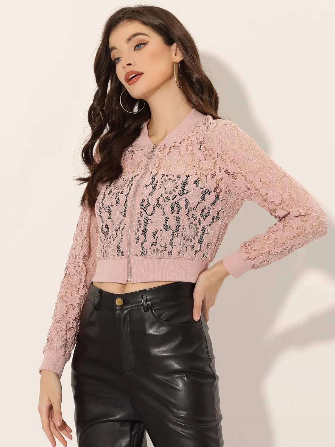 Allegra K Women's Crop Jacket Stand Collar Zip Up Sexy Sheer Gothic Lace Lightweight Baseball Jacket