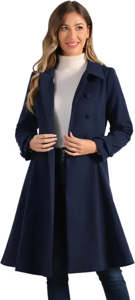 Allegra K Women's Winter Overcoat a Line Trench Coat Lapel Collar Swing Double Breasted Long Dress Coat