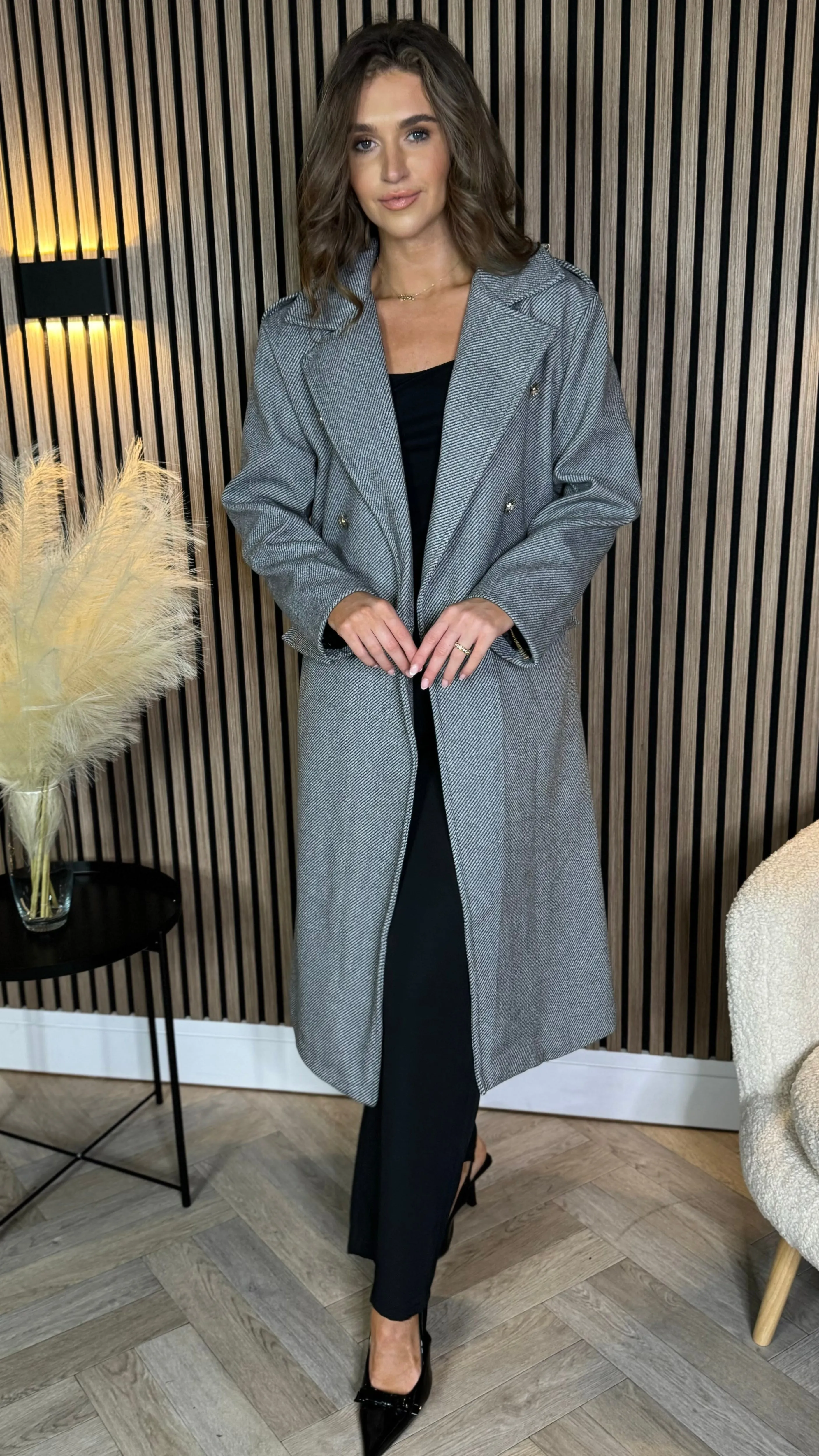 Alorie Grey Wool Finish Midi Length Coat