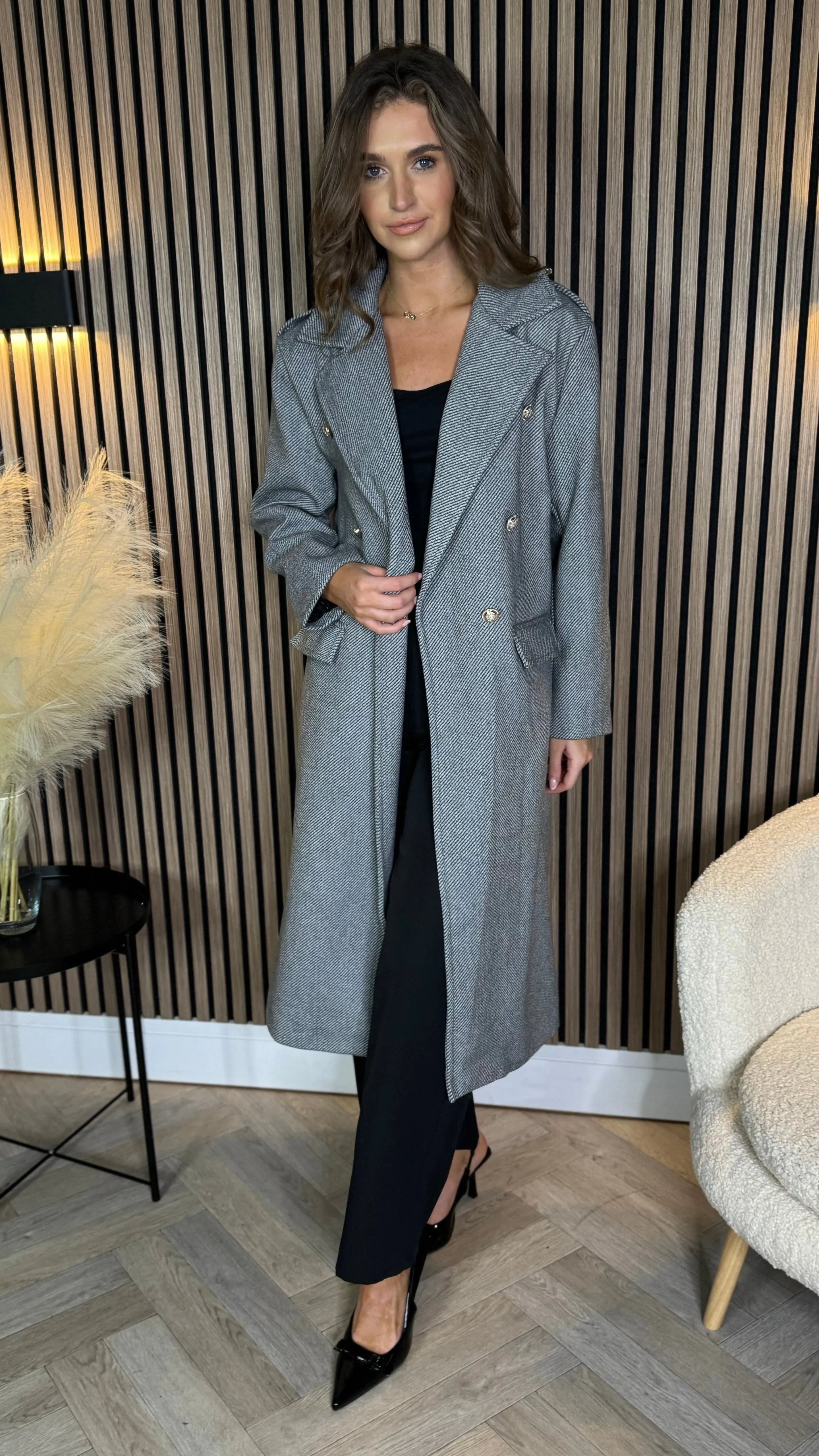 Alorie Grey Wool Finish Midi Length Coat