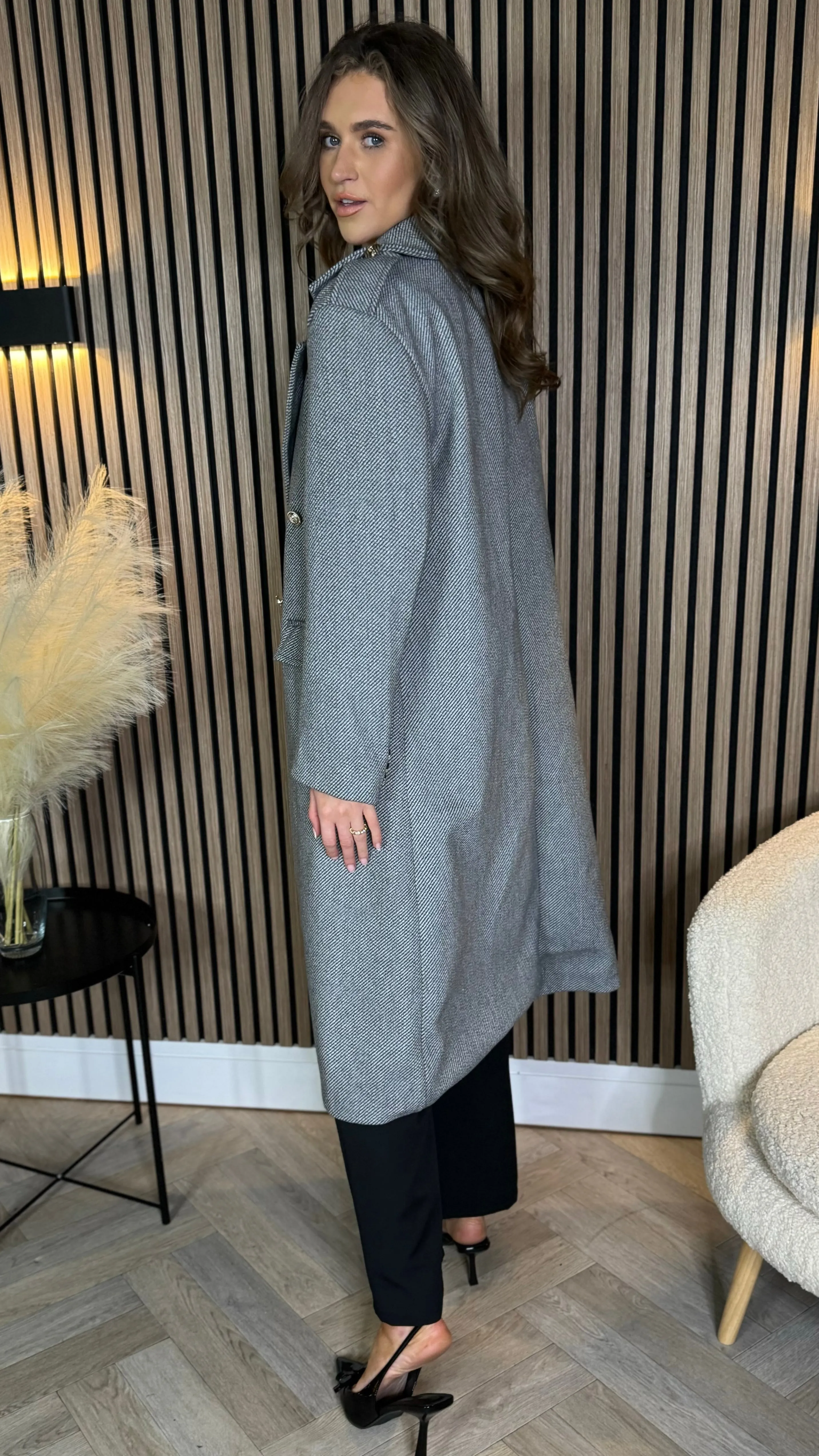 Alorie Grey Wool Finish Midi Length Coat