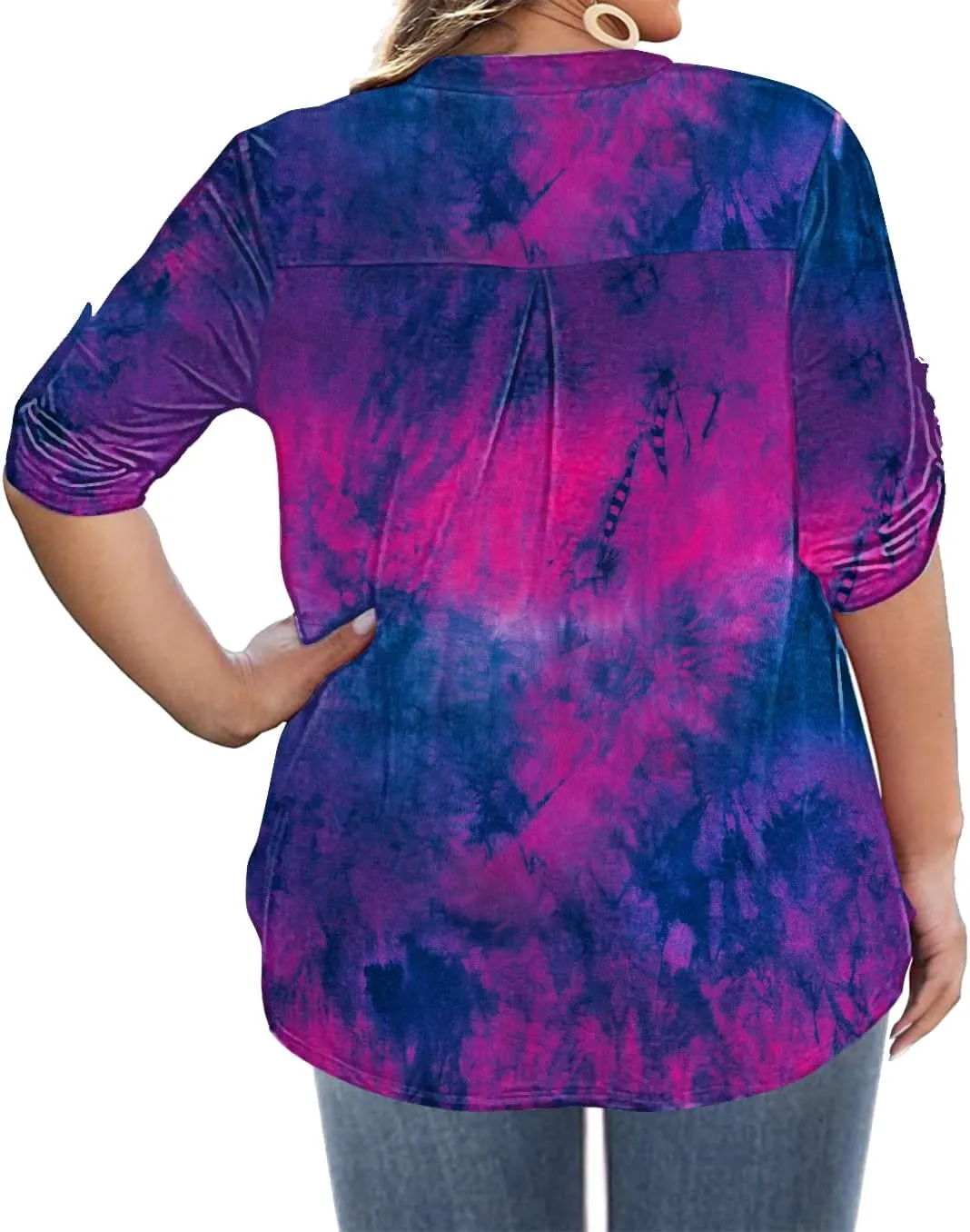 AMCLOS Womens Plus Size Tops V Neck T-Shirts Blouses Casual Soft Flowy Tunic Long Roll Tab Sleeves with Buttons