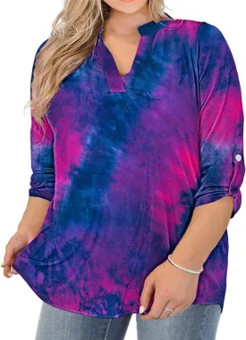 AMCLOS Womens Plus Size Tops V Neck T-Shirts Blouses Casual Soft Flowy Tunic Long Roll Tab Sleeves with Buttons