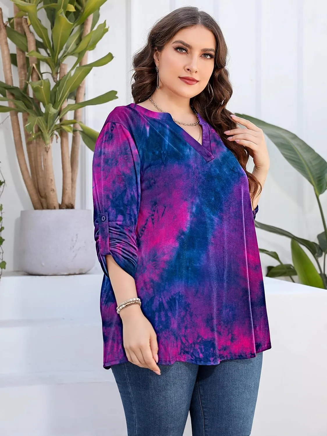 AMCLOS Womens Plus Size Tops V Neck T-Shirts Blouses Casual Soft Flowy Tunic Long Roll Tab Sleeves with Buttons