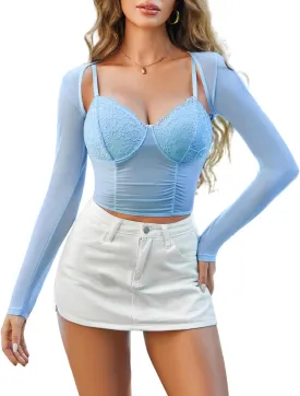 Avidlove Mesh Cami Top with Shrug Long Sleeve Sheer Crop Tops Sexy Low Cut Camisole Going Out 2 Pieces Clubwear
