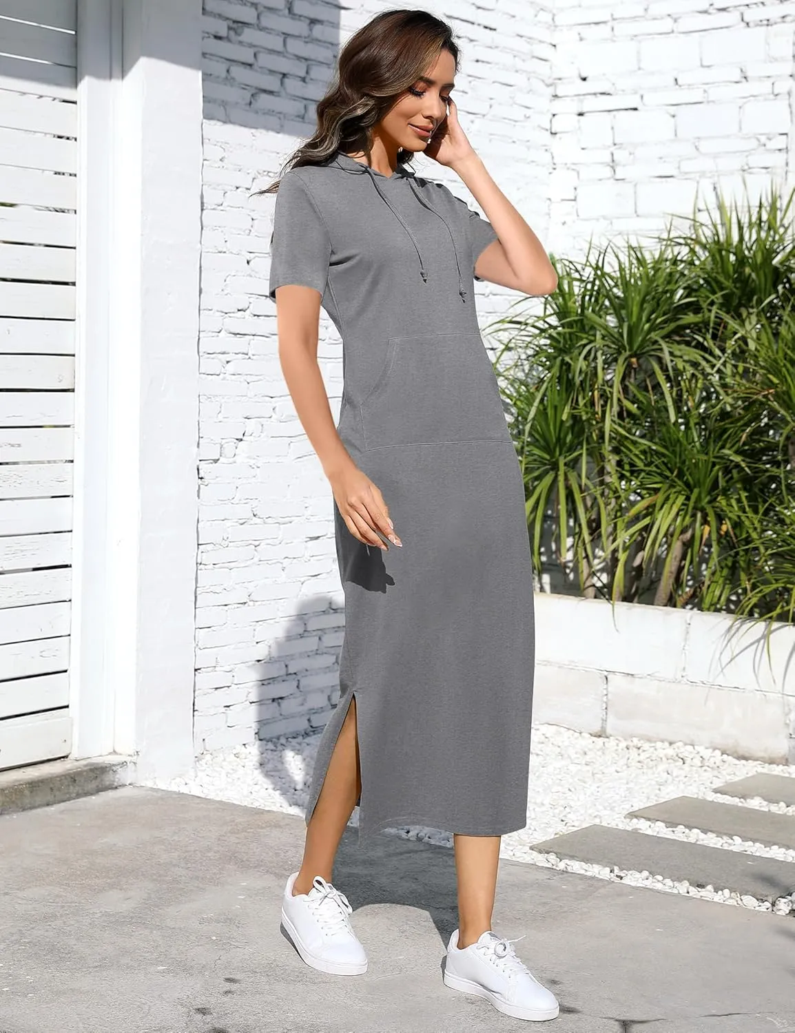 BeautyNee Women's Casual Short Sleeve Slim Pullover Maxi Hoodie Dress Sweatshirt Long Dresses with Pockets