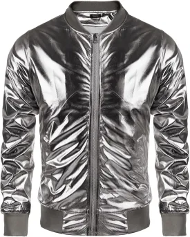 COOFANDY Men's Metallic Jacket 70s Disco Party Varsity Jacket Zip-up Baseball Bomber