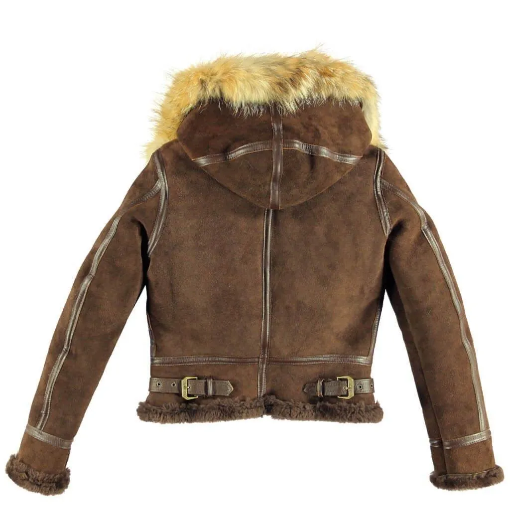 F004 Women's Suede Bomber Soft Shearling Genuine Leather Stylish Detachable Hood Brown Jacket