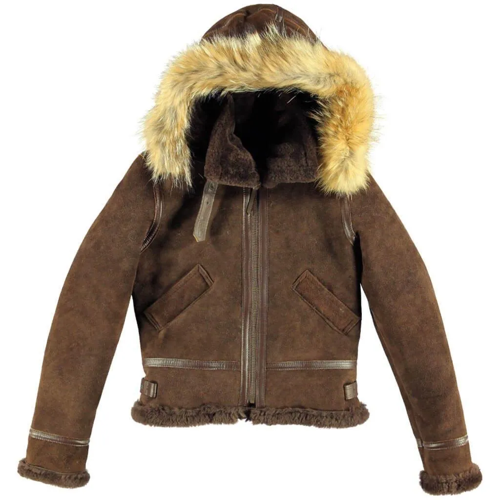 F004 Women's Suede Bomber Soft Shearling Genuine Leather Stylish Detachable Hood Brown Jacket
