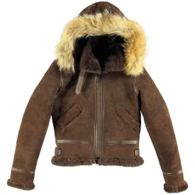 F004 Women's Suede Bomber Soft Shearling Genuine Leather Stylish Detachable Hood Brown Jacket