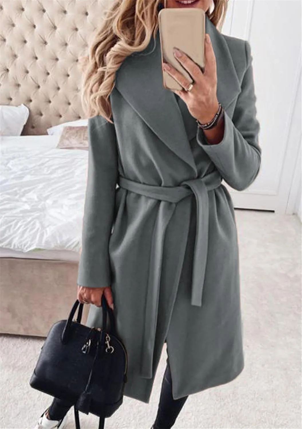 FLITAY Women's Shawl Collar Lapel Winter Belted Lightweight Coat Fashion Wrap Overcoat with Pockets