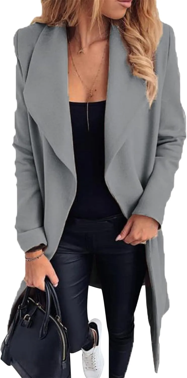 FLITAY Women's Shawl Collar Lapel Winter Belted Lightweight Coat Fashion Wrap Overcoat with Pockets