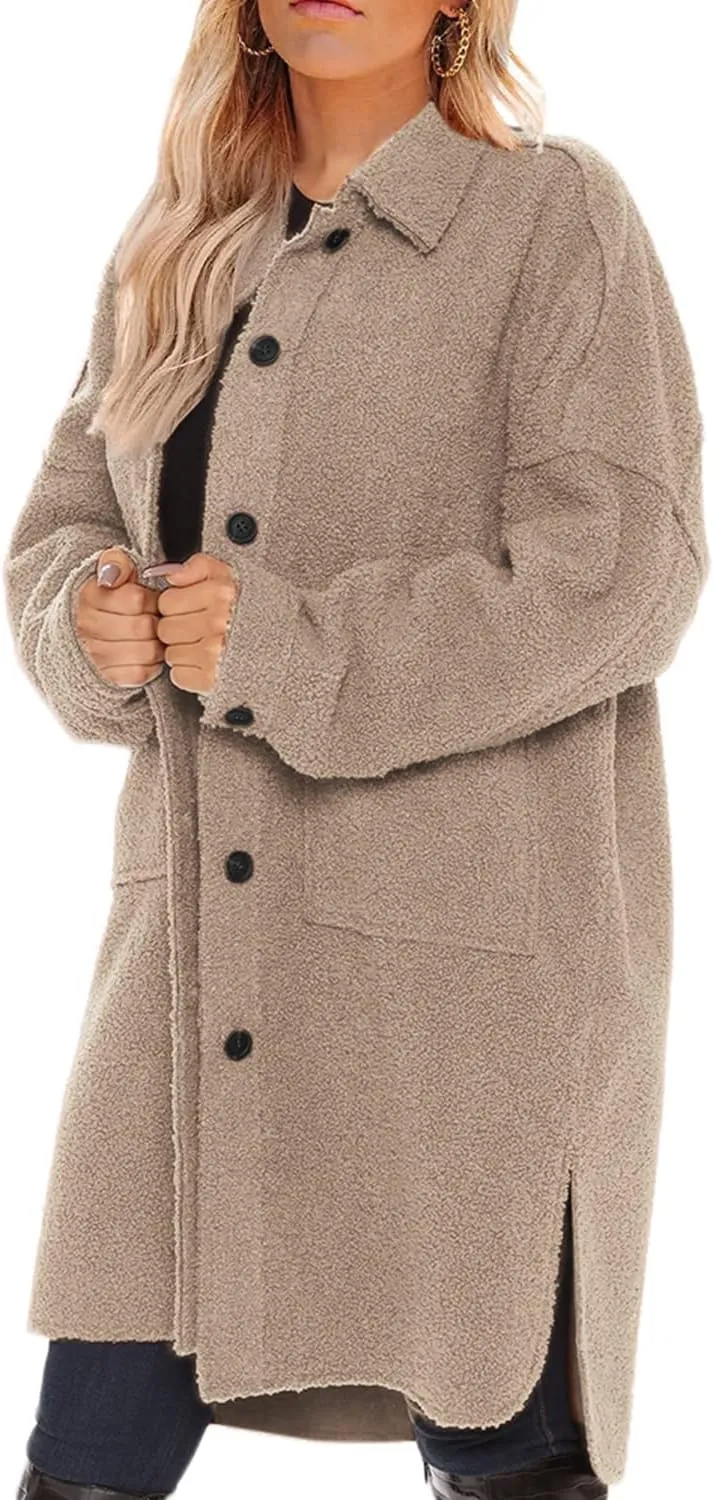 FSHAOES Women's Oversized Fleece Jackets Fuzzy Long Sleeve Open Front Teddy Jackets Sherpa Coat Long Cardigan Outerwear