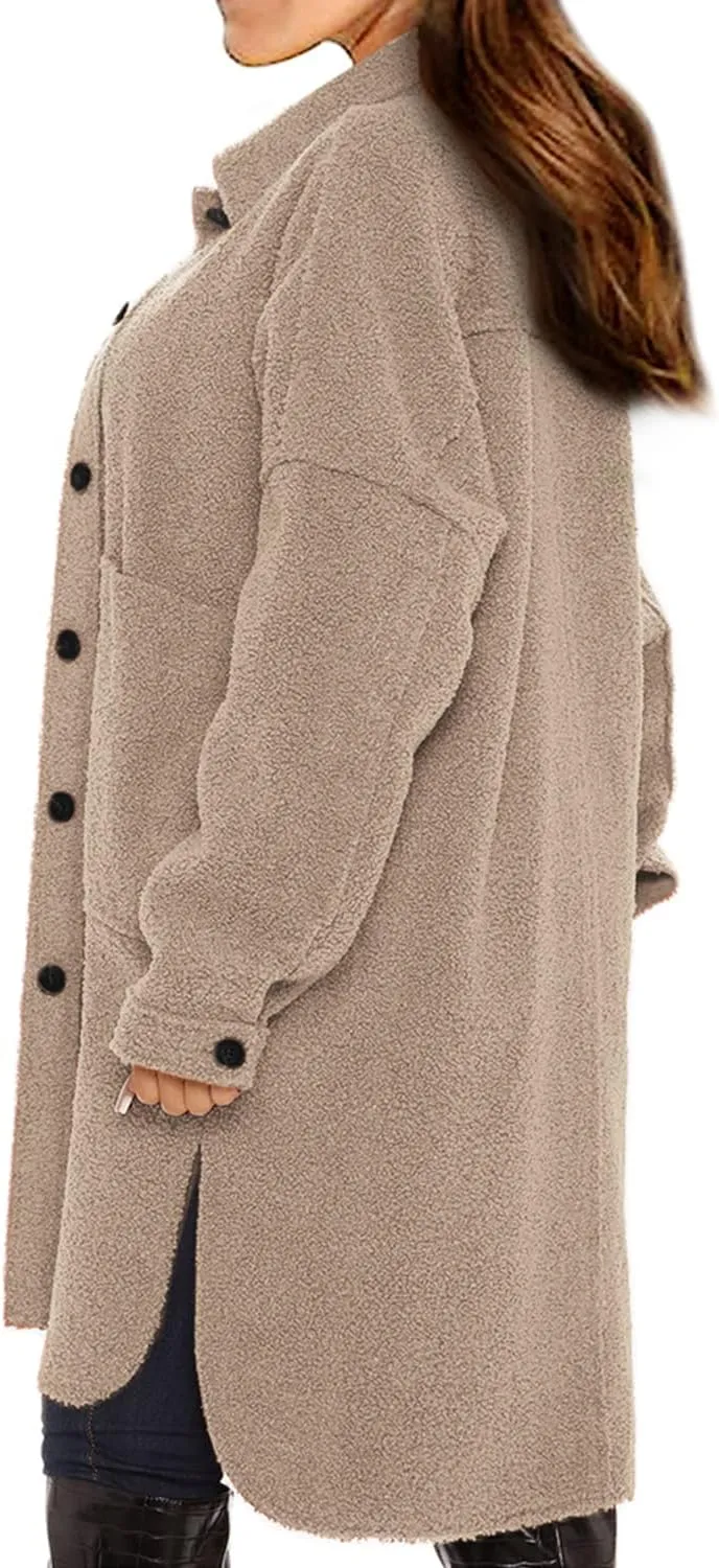 FSHAOES Women's Oversized Fleece Jackets Fuzzy Long Sleeve Open Front Teddy Jackets Sherpa Coat Long Cardigan Outerwear