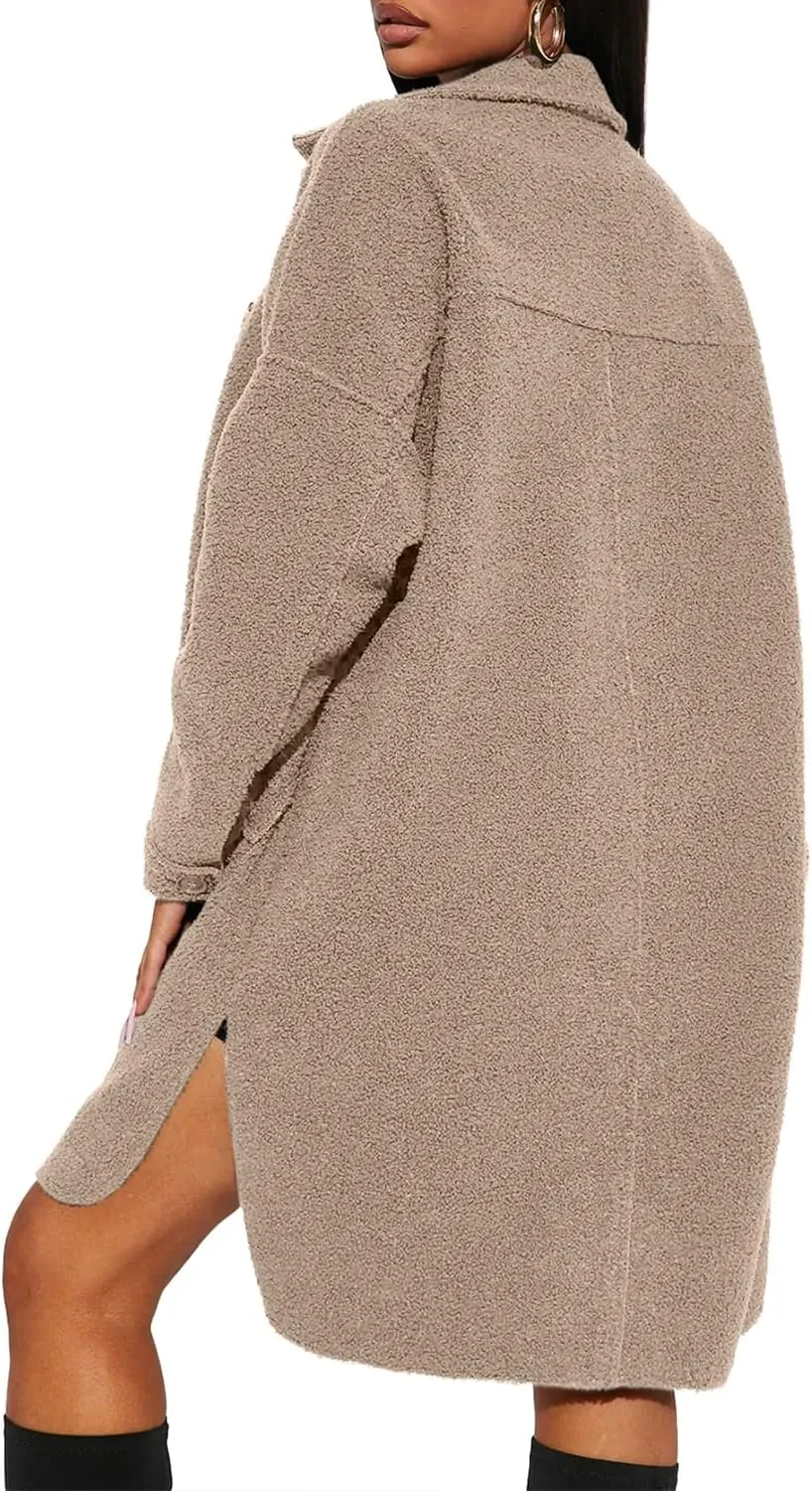 FSHAOES Women's Oversized Fleece Jackets Fuzzy Long Sleeve Open Front Teddy Jackets Sherpa Coat Long Cardigan Outerwear