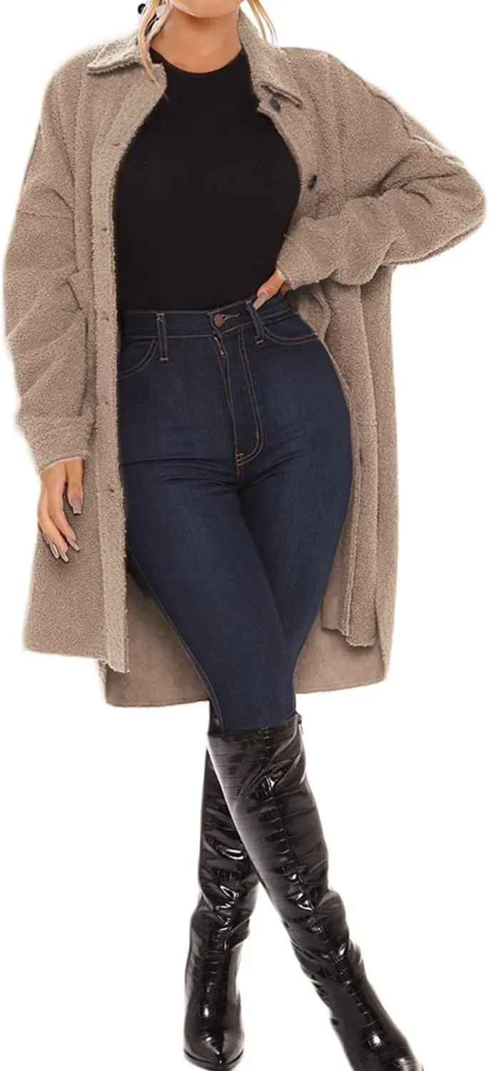 FSHAOES Women's Oversized Fleece Jackets Fuzzy Long Sleeve Open Front Teddy Jackets Sherpa Coat Long Cardigan Outerwear