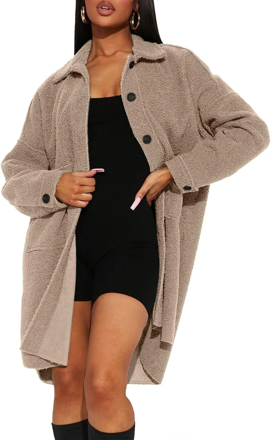 FSHAOES Women's Oversized Fleece Jackets Fuzzy Long Sleeve Open Front Teddy Jackets Sherpa Coat Long Cardigan Outerwear