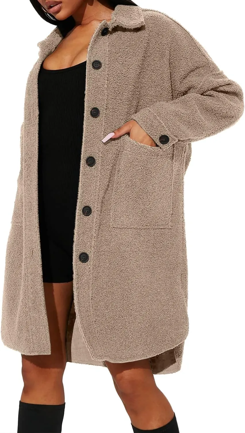 FSHAOES Women's Oversized Fleece Jackets Fuzzy Long Sleeve Open Front Teddy Jackets Sherpa Coat Long Cardigan Outerwear