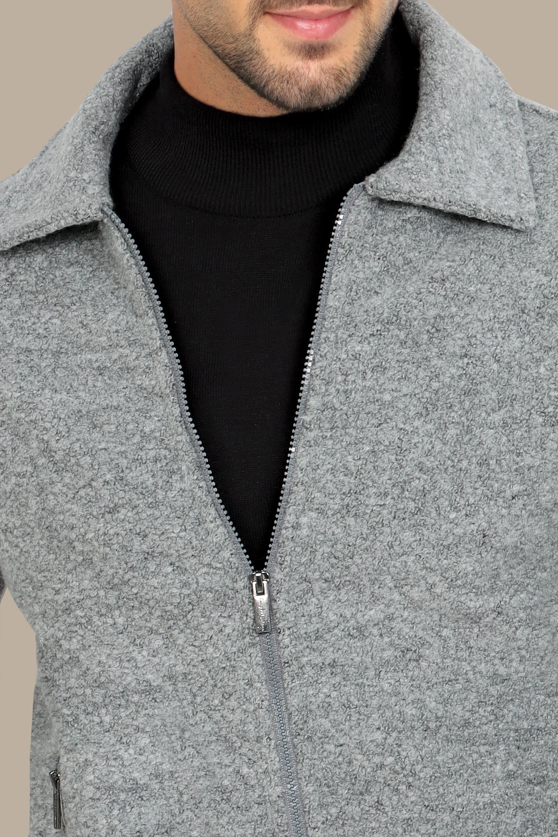 Grey Wool Jacket with Zipper – Elegant & Timeless