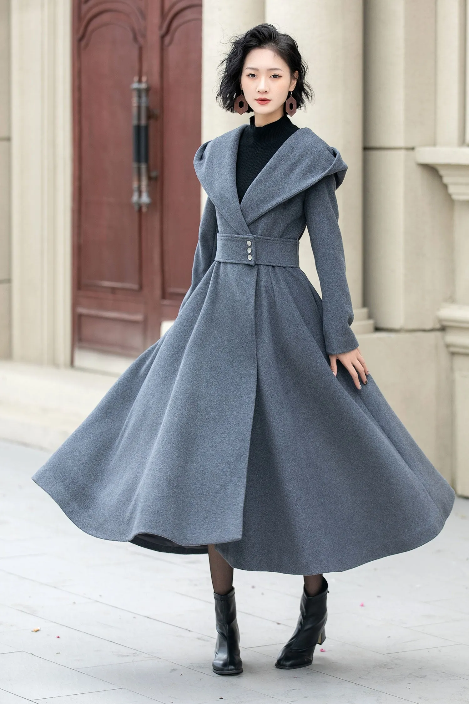 Handmade Gray Hooded Long Wool Coat for Women – Elegant Winter Fashion 5344