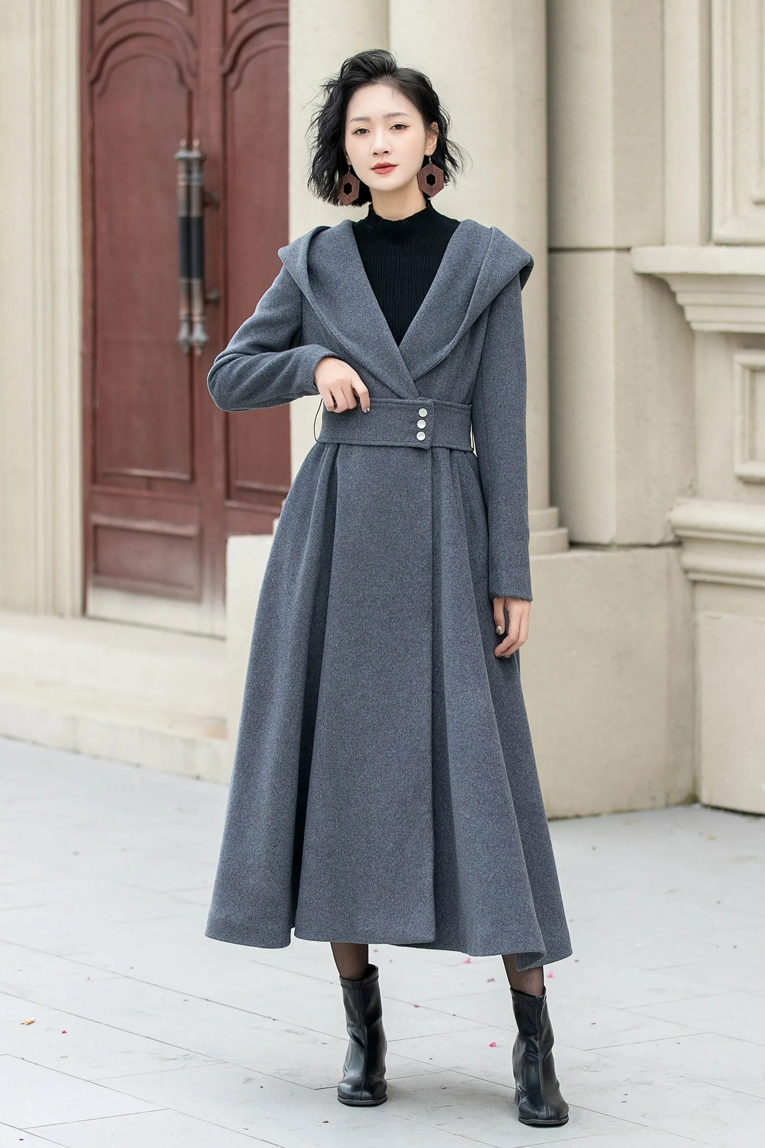 Handmade Gray Hooded Long Wool Coat for Women – Elegant Winter Fashion 5344
