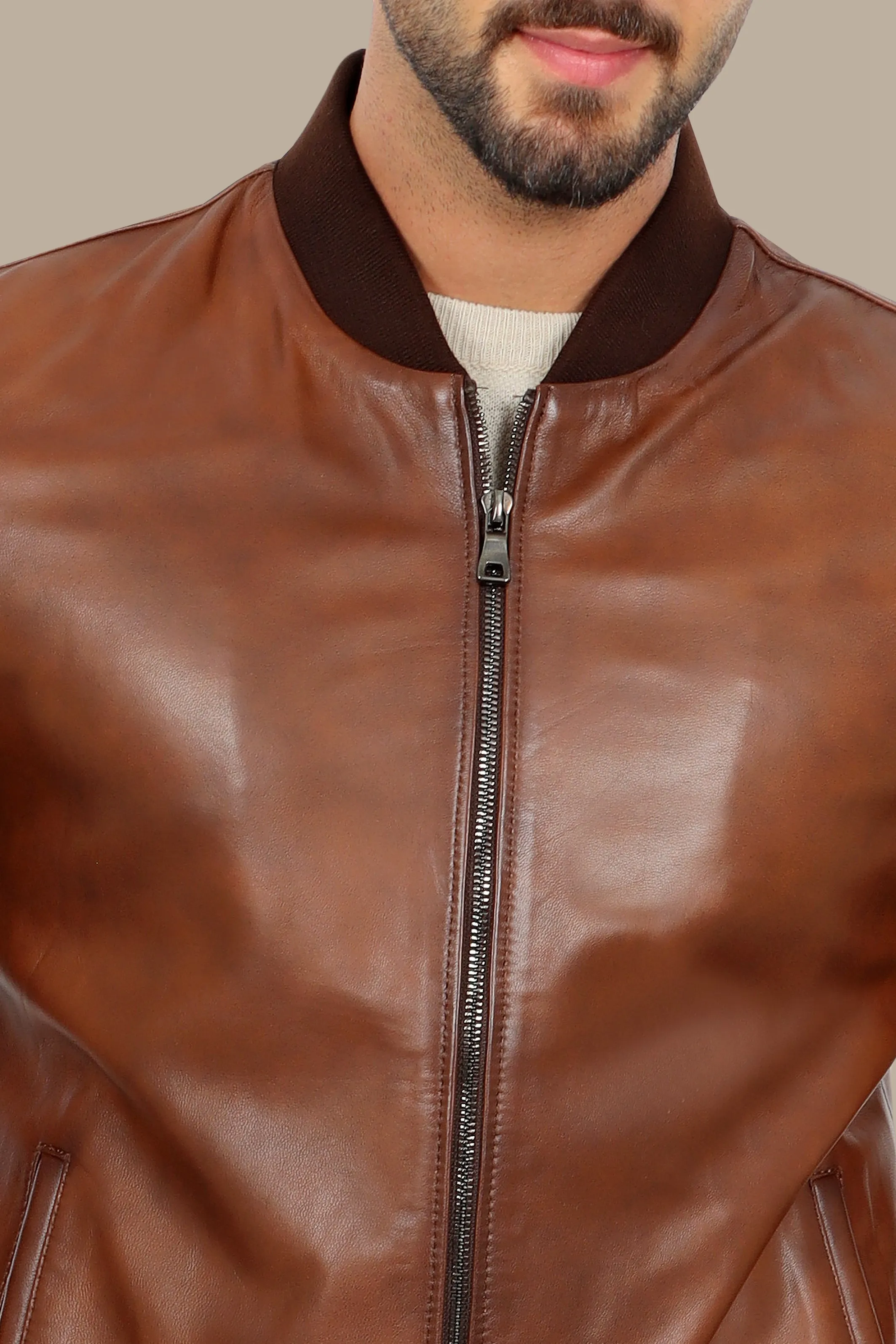 Havane Basic Mao Collar Real Leather Jacket