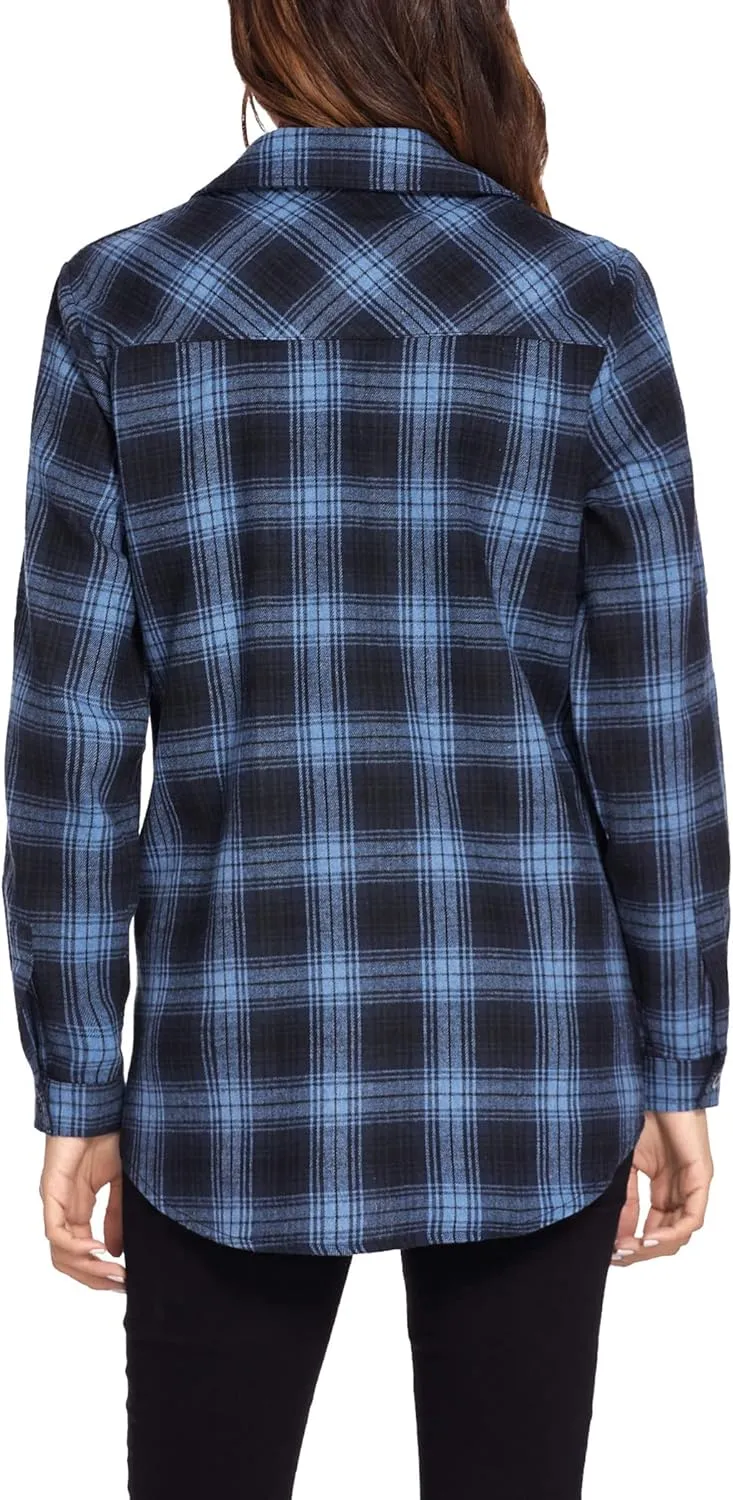 HOTOUCH Women's Long Roll Up Sleeve Cotton Flannels Plaid Shirts Classic Fit Button Down Shirt Blouses with Pockets
