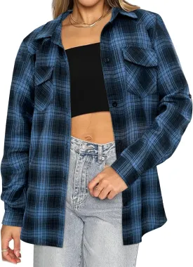 HOTOUCH Women's Long Roll Up Sleeve Cotton Flannels Plaid Shirts Classic Fit Button Down Shirt Blouses with Pockets