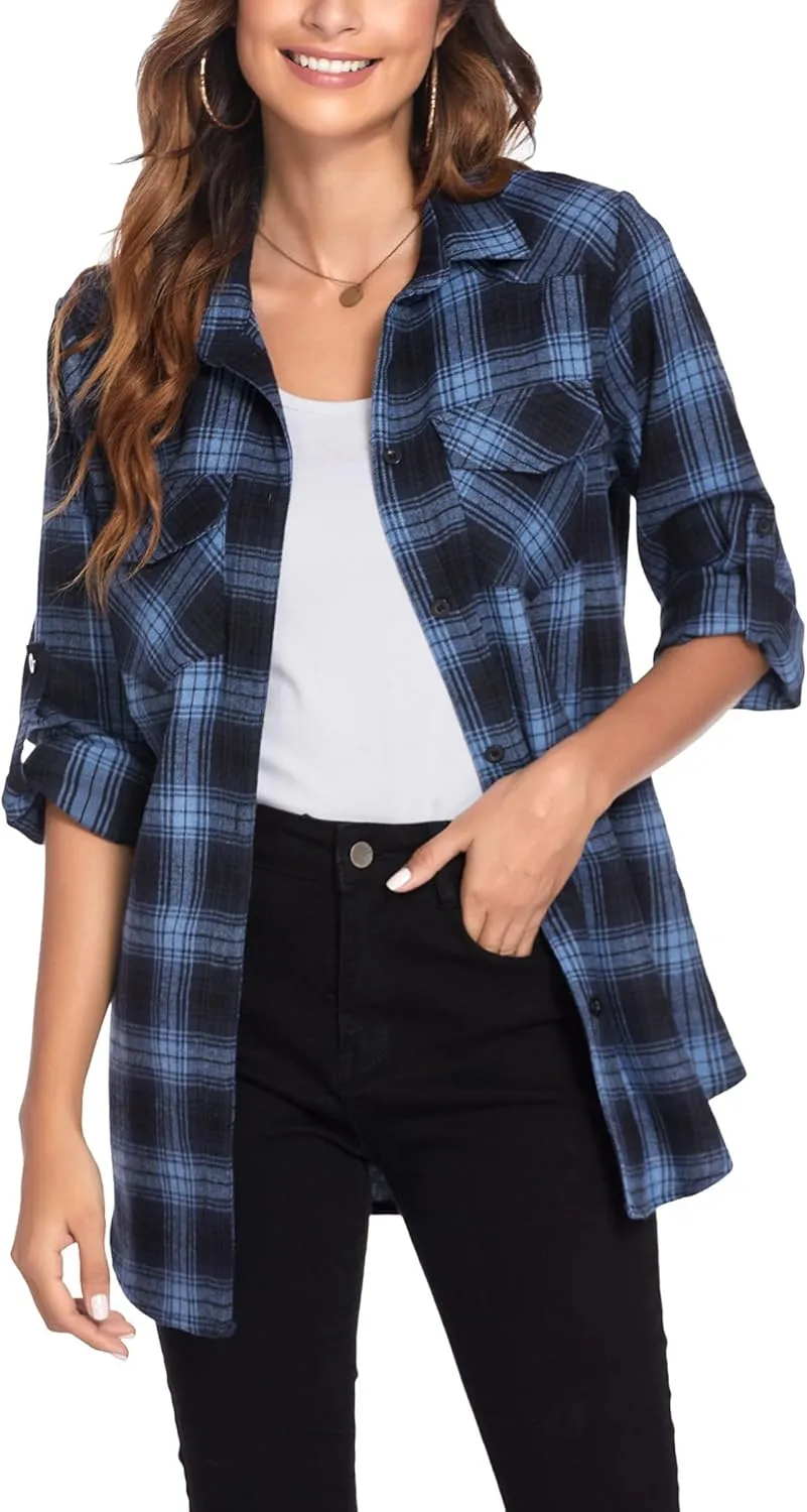 HOTOUCH Women's Long Roll Up Sleeve Cotton Flannels Plaid Shirts Classic Fit Button Down Shirt Blouses with Pockets