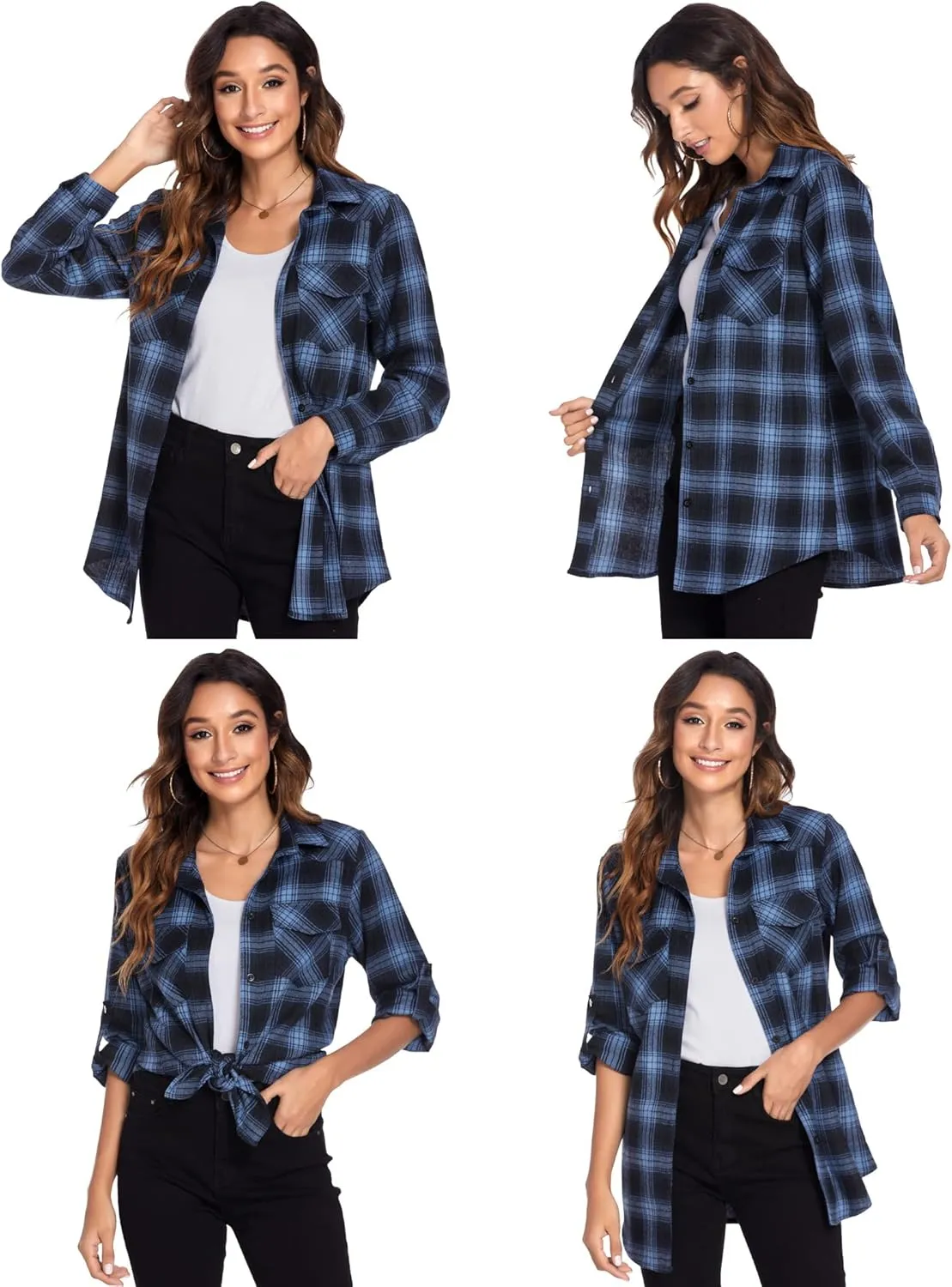 HOTOUCH Women's Long Roll Up Sleeve Cotton Flannels Plaid Shirts Classic Fit Button Down Shirt Blouses with Pockets