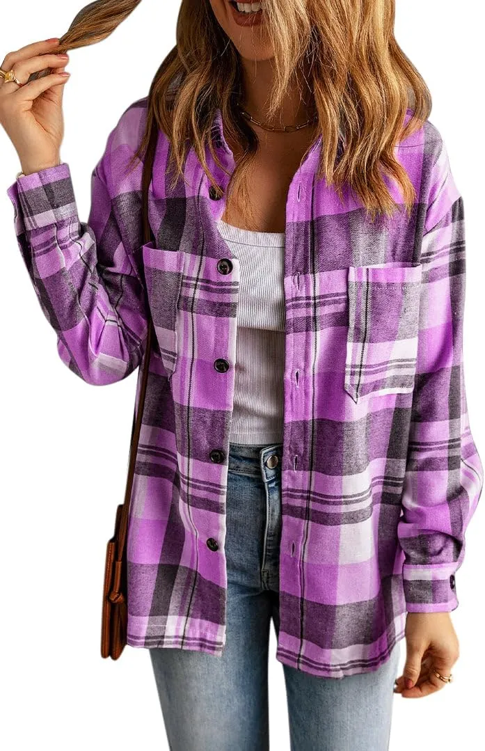 KINLONSAIR Womens Casual Flannel Plaid Shirts Oversized Lightweight Fall Shirt Coat Long Sleeve Button Down Blouse Tops