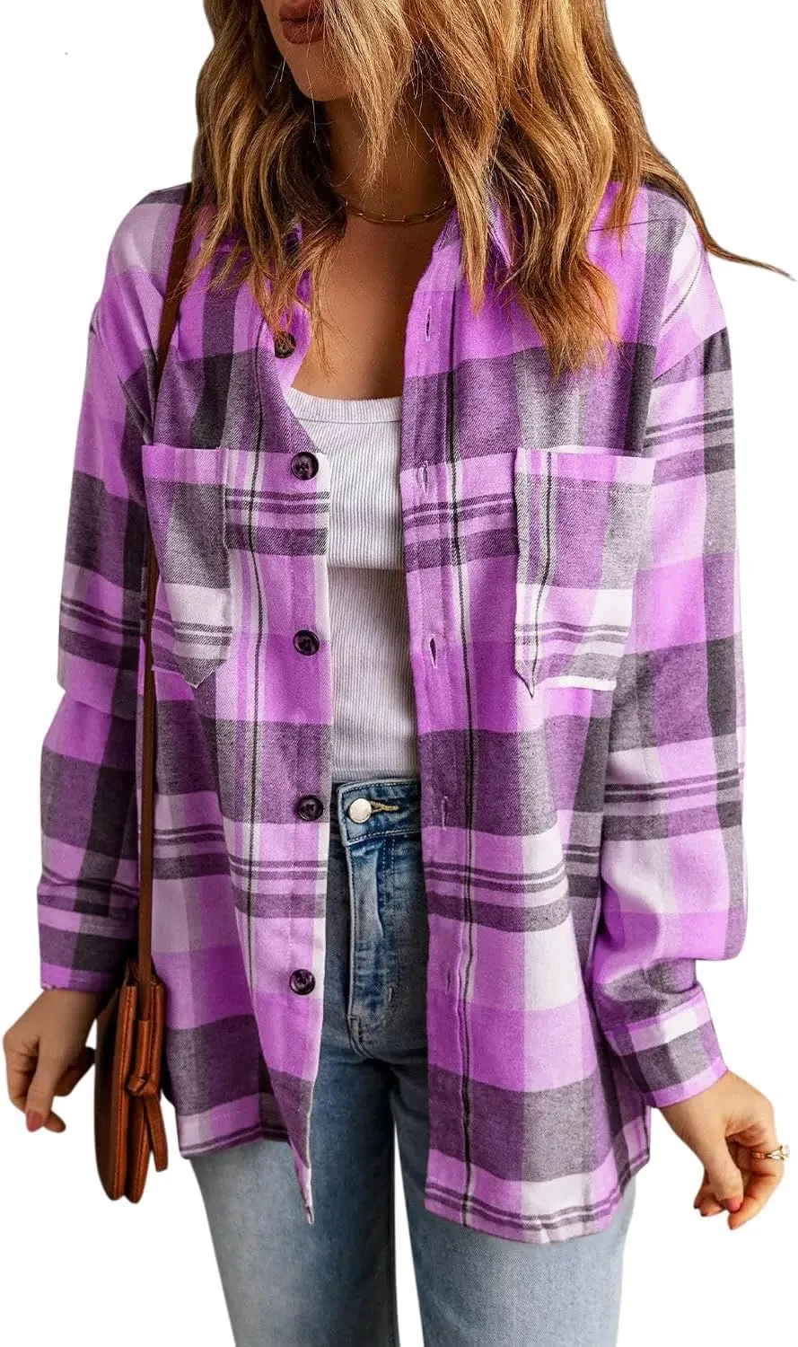 KINLONSAIR Womens Casual Flannel Plaid Shirts Oversized Lightweight Fall Shirt Coat Long Sleeve Button Down Blouse Tops
