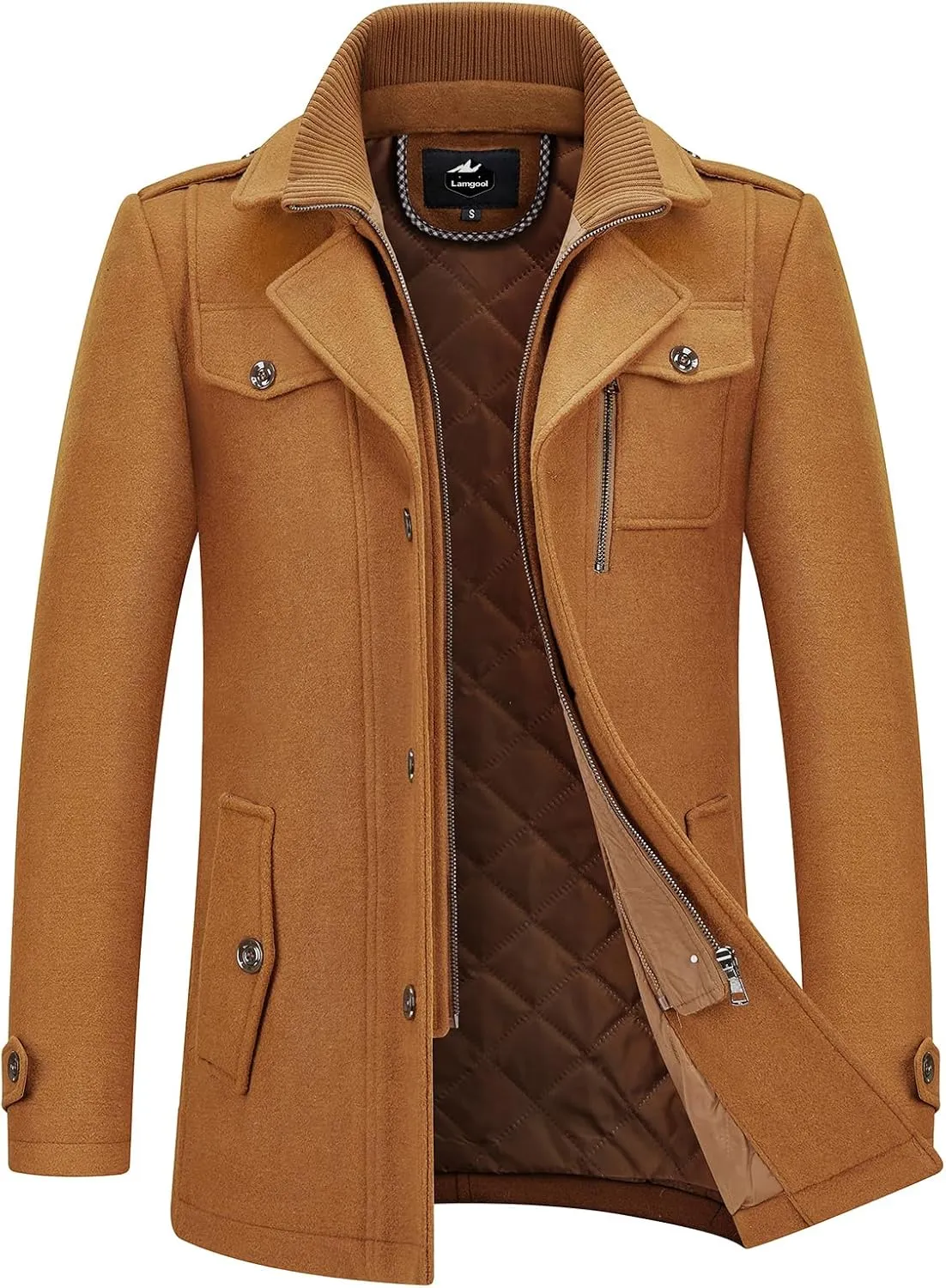 Lamgool Men's Winter Wool Blend Coat Casual Business Single Breasted Peacoat