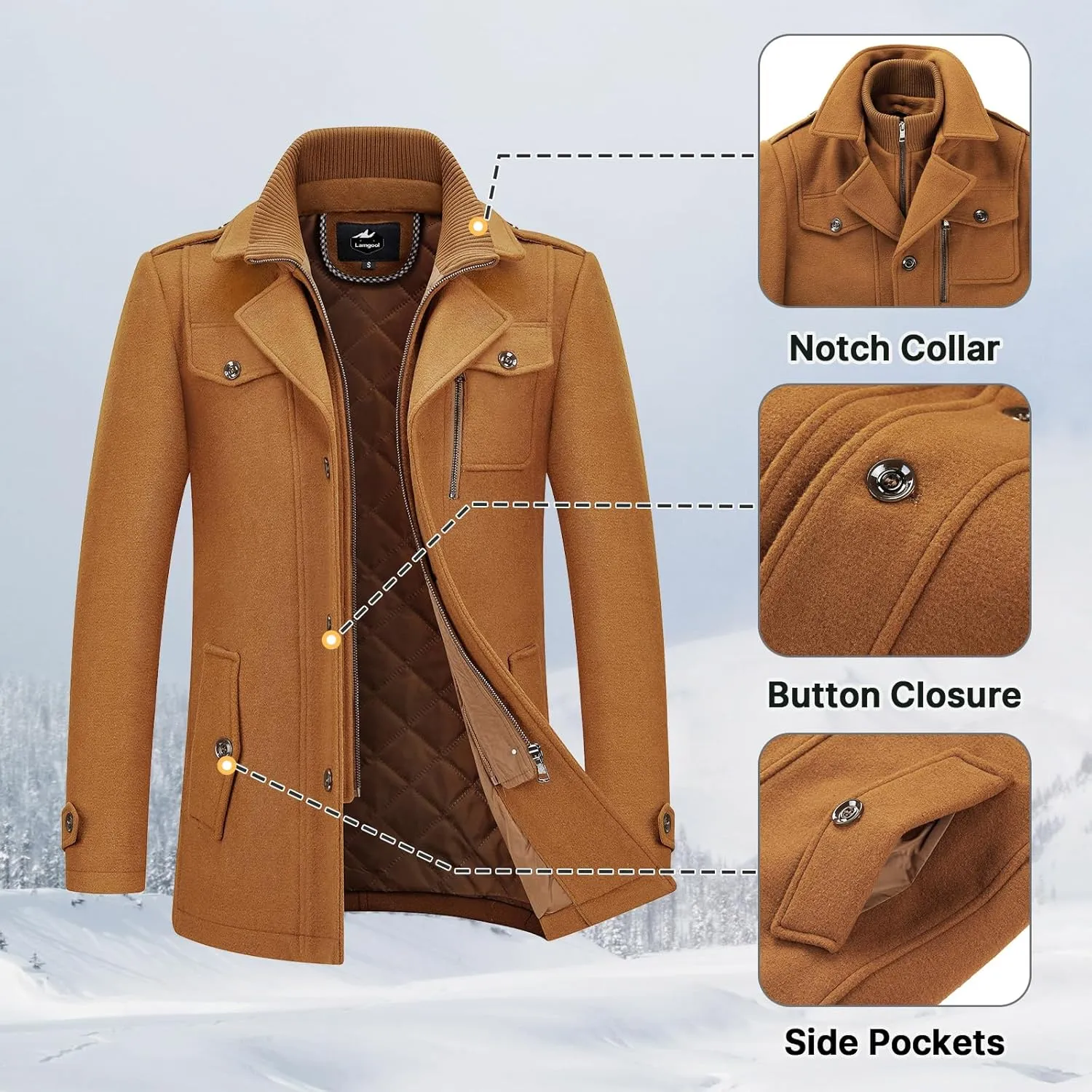 Lamgool Men's Winter Wool Blend Coat Casual Business Single Breasted Peacoat