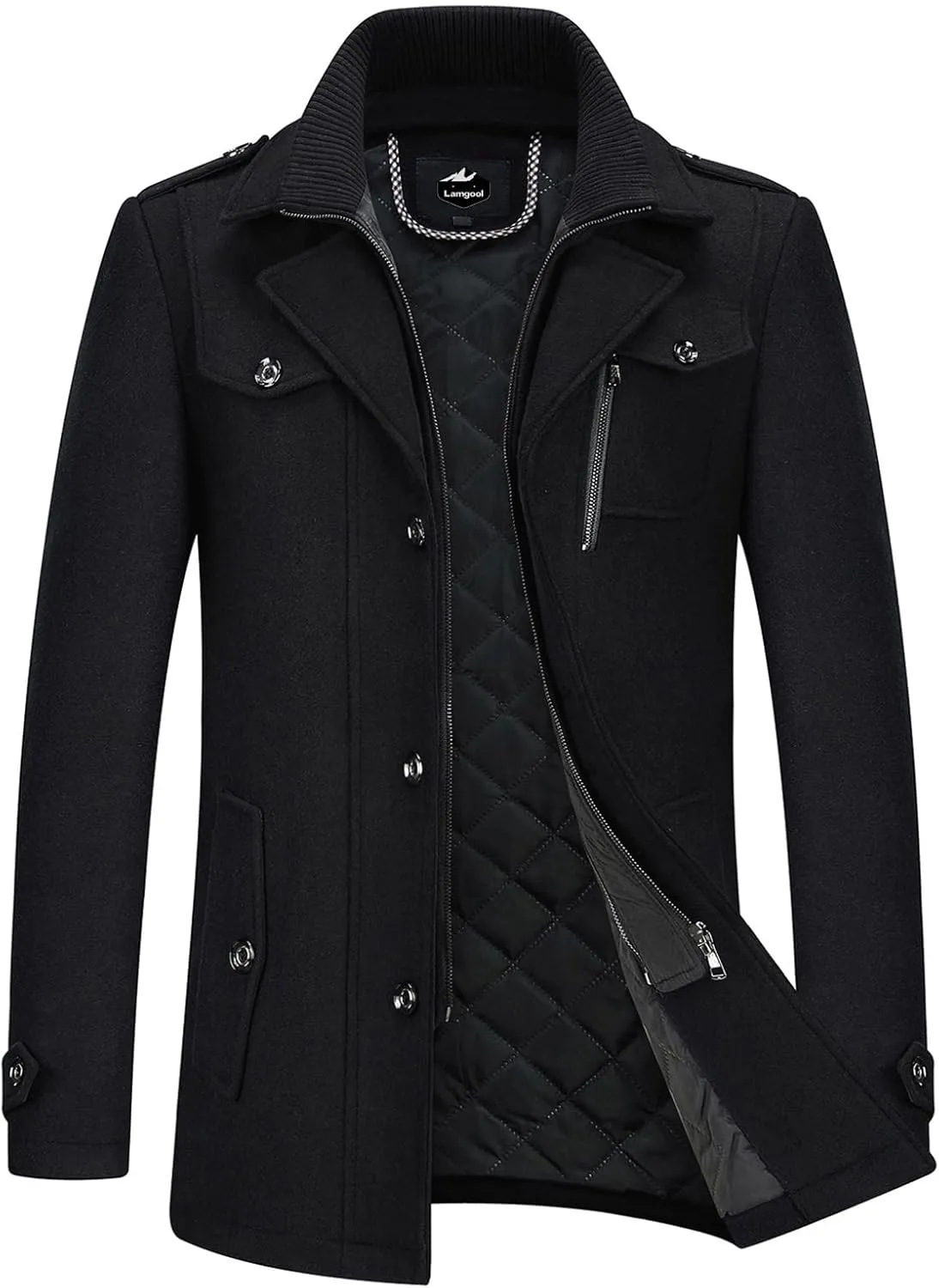 Lamgool Men's Winter Wool Blend Coat Casual Business Single Breasted Peacoat