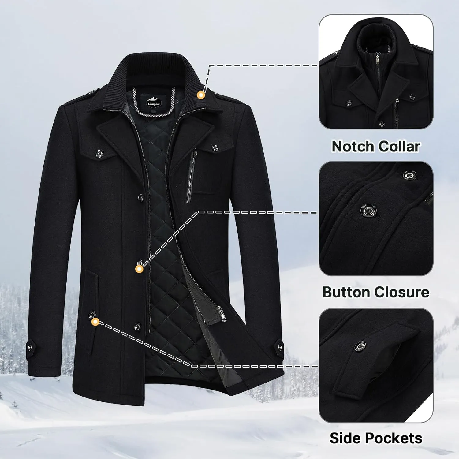 Lamgool Men's Winter Wool Blend Coat Casual Business Single Breasted Peacoat