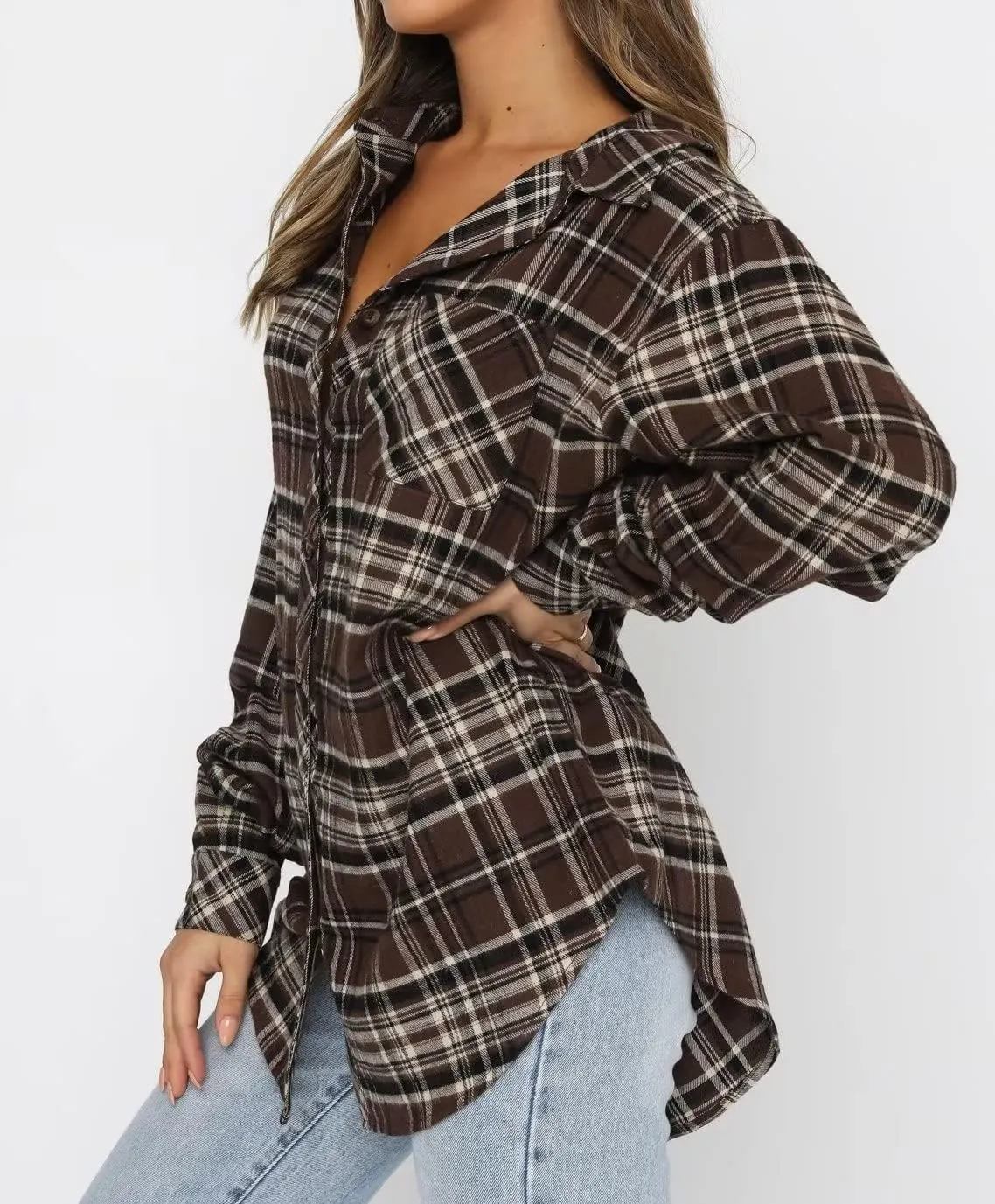 LEEDYA Womens Flannel Buffalo Print Shirts Casual Long Sleeve Button Down Blouses Loose Tunic Tops