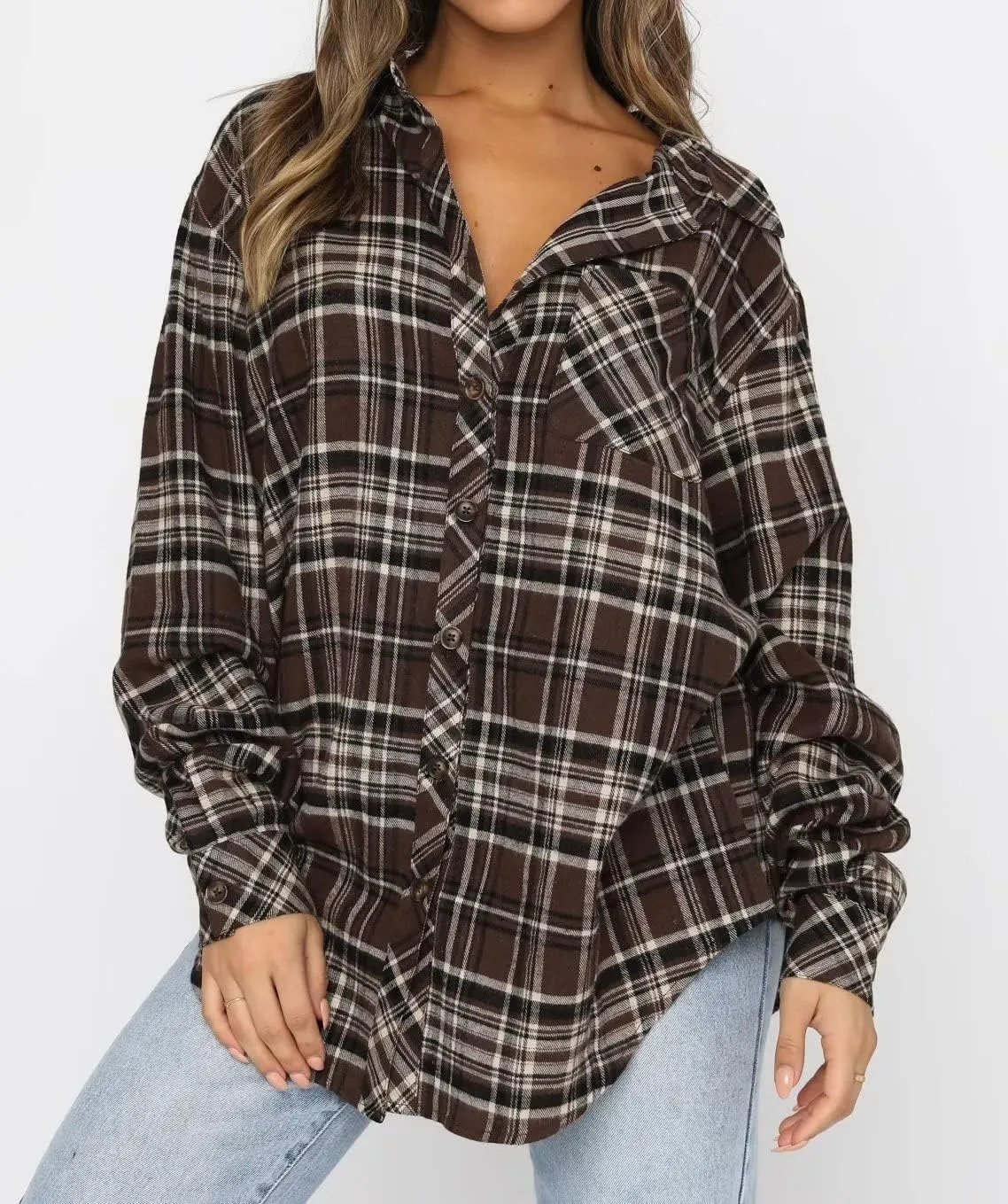 LEEDYA Womens Flannel Buffalo Print Shirts Casual Long Sleeve Button Down Blouses Loose Tunic Tops