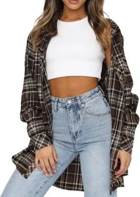 LEEDYA Womens Flannel Buffalo Print Shirts Casual Long Sleeve Button Down Blouses Loose Tunic Tops