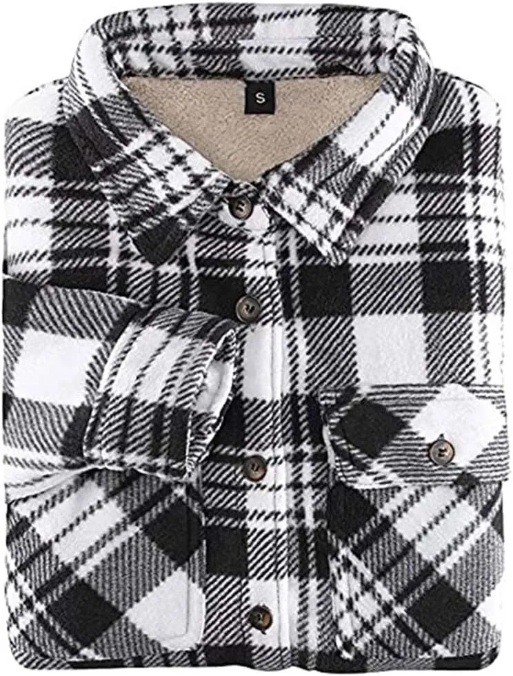 Lisskolo Women Fleece Lined Shirt Jacket with Hand Pockets, Plaid Button Down Sherpa Fleece Shacket Outerwear Flannel Jackets