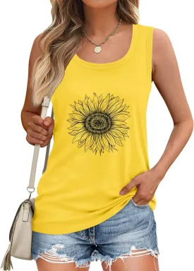 LOMON Womens Tank Tops Round Neck Graphic T Shirts Loose Fit Casual Sleeveless Summer Tops