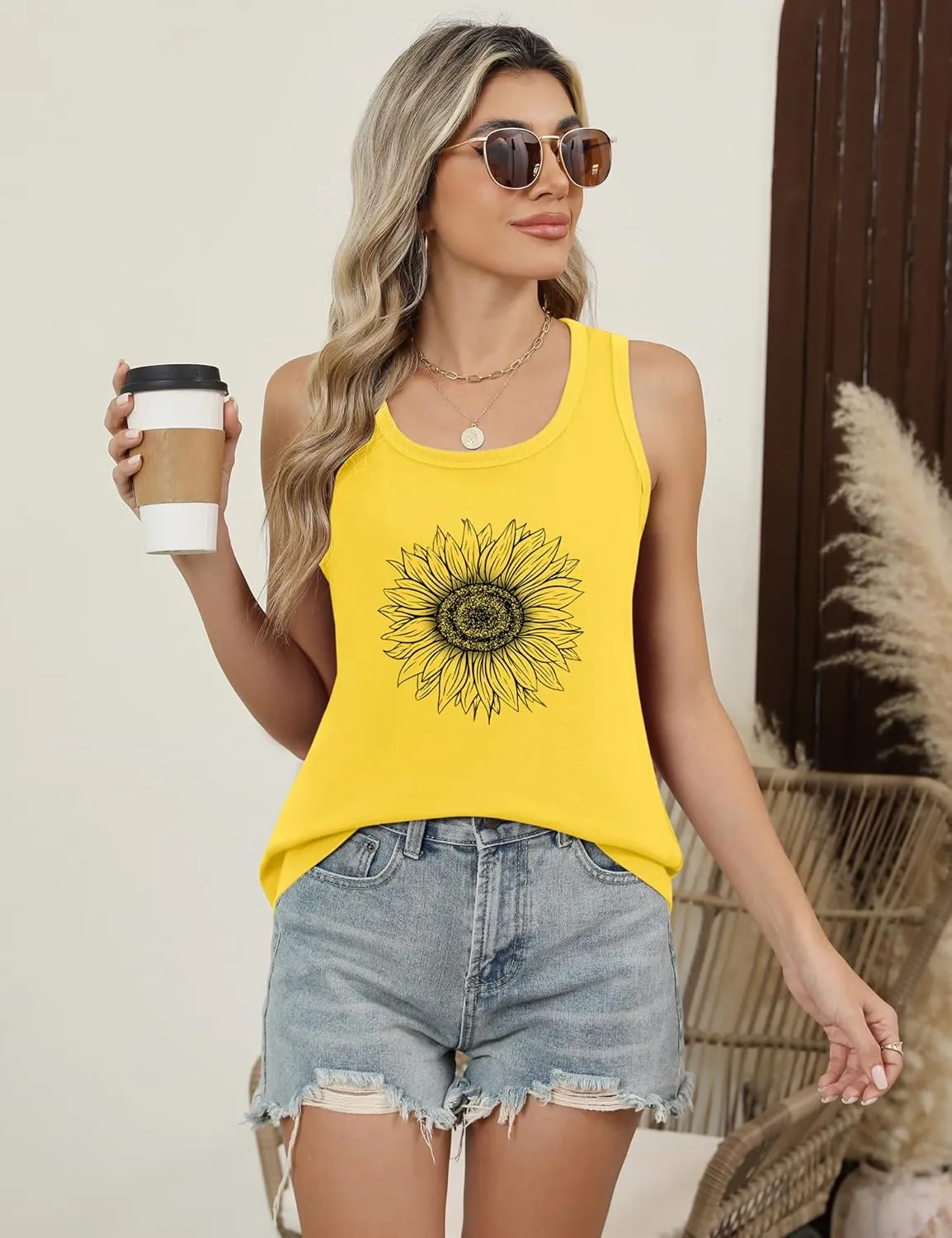 LOMON Womens Tank Tops Round Neck Graphic T Shirts Loose Fit Casual Sleeveless Summer Tops
