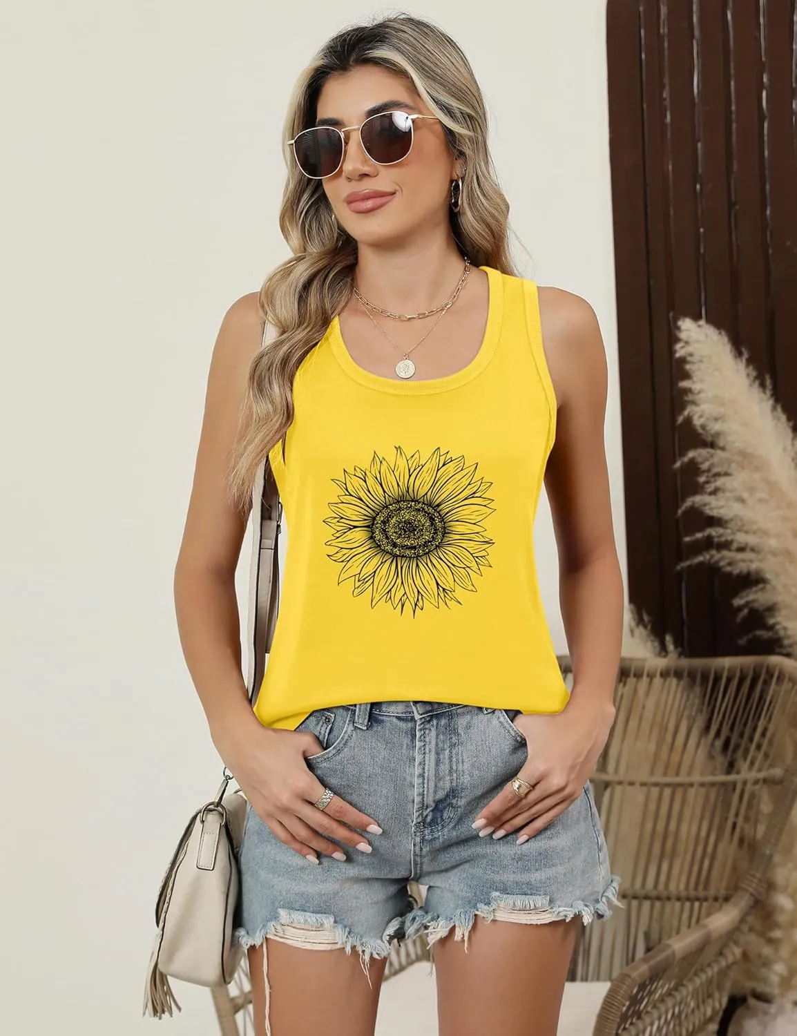LOMON Womens Tank Tops Round Neck Graphic T Shirts Loose Fit Casual Sleeveless Summer Tops