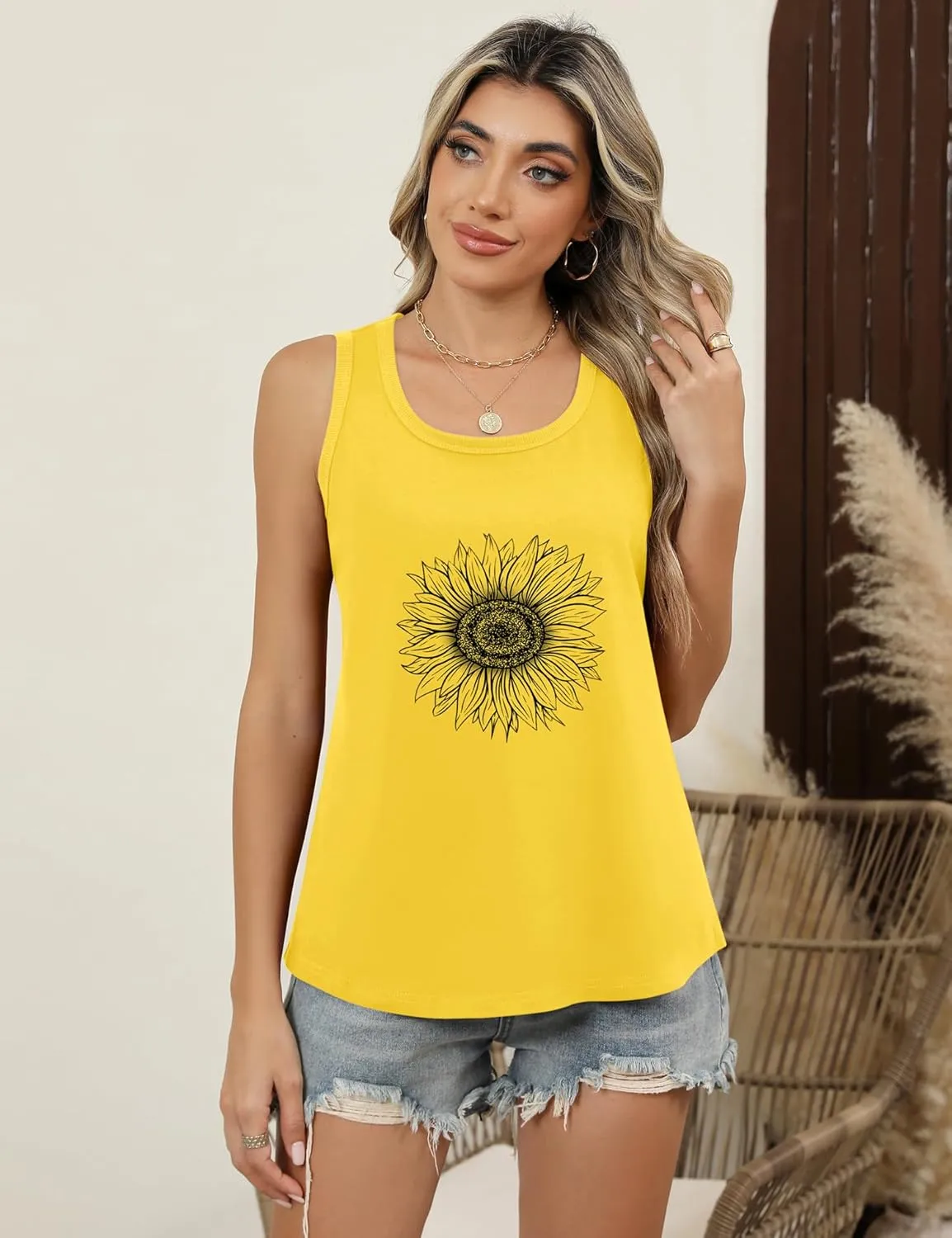 LOMON Womens Tank Tops Round Neck Graphic T Shirts Loose Fit Casual Sleeveless Summer Tops