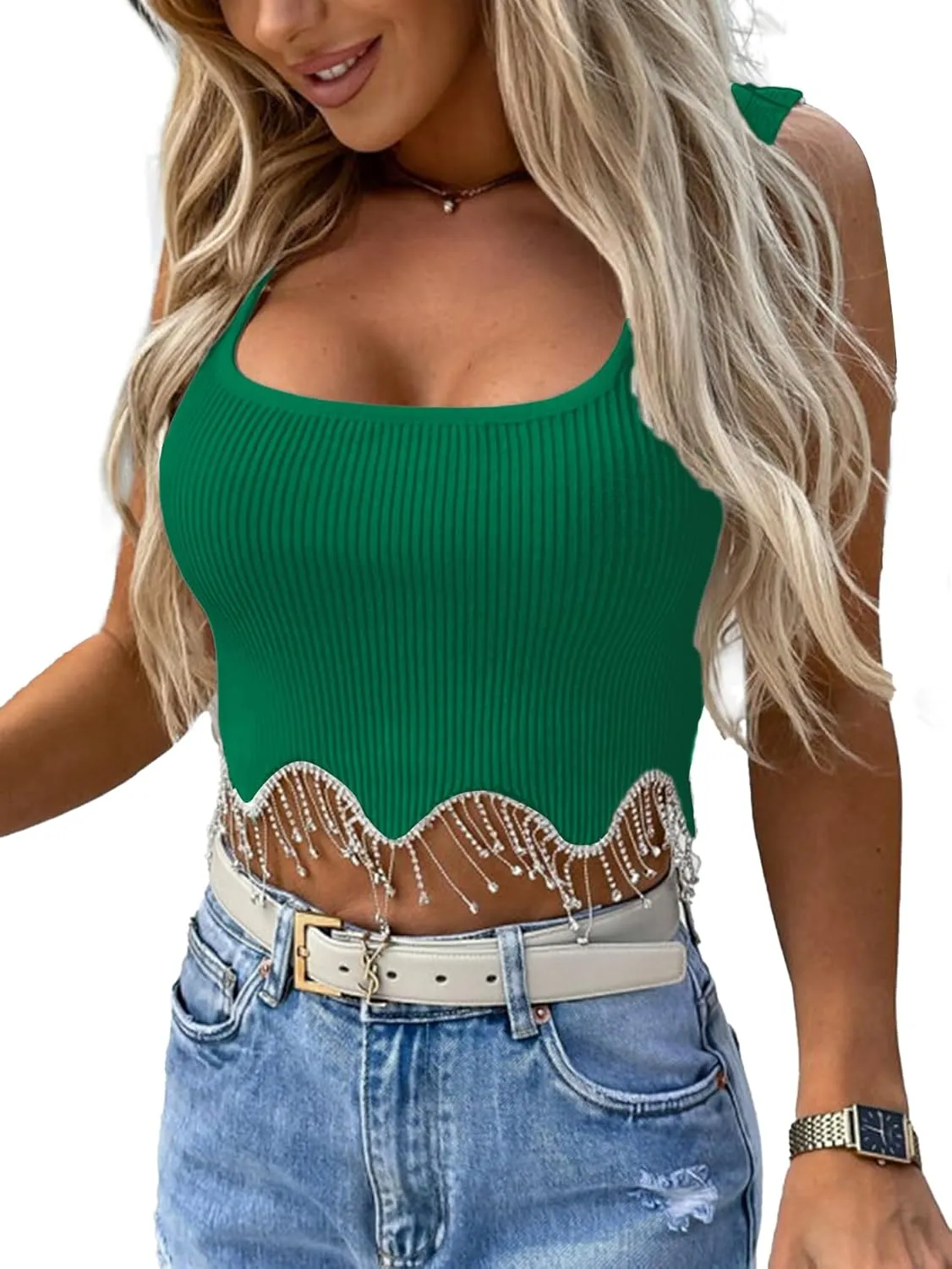 LYANER Women's Rhinestone Fringe Trim Ribbed Knit Square Neck Sleeveless Crop Tank Top