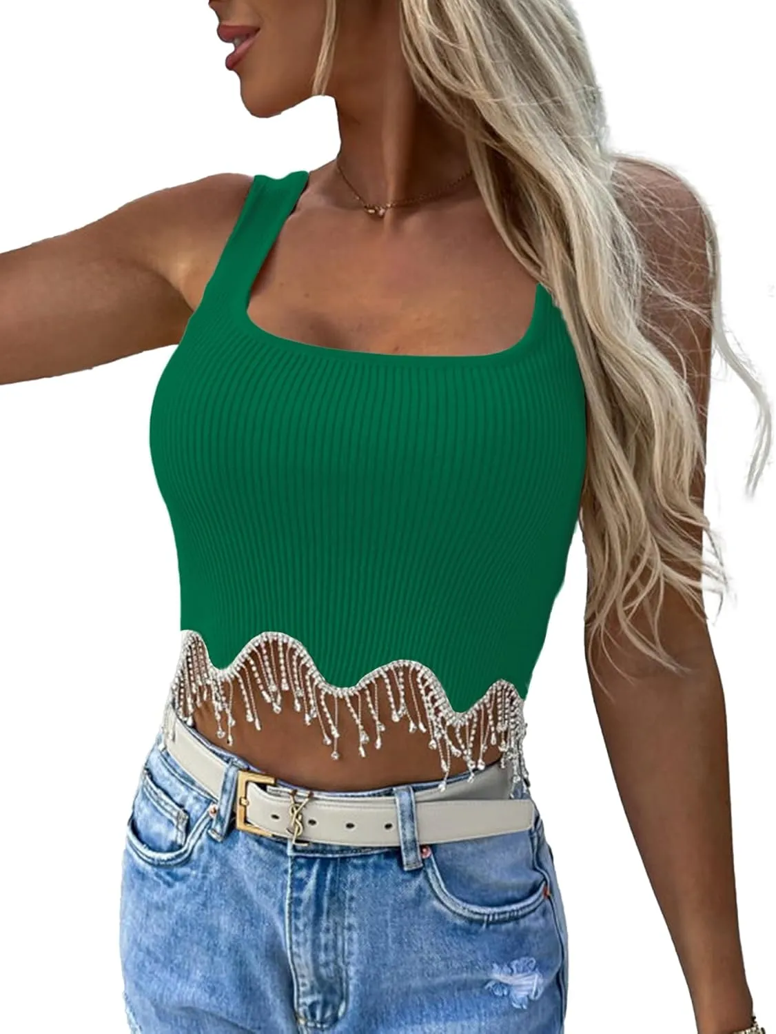 LYANER Women's Rhinestone Fringe Trim Ribbed Knit Square Neck Sleeveless Crop Tank Top