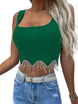 LYANER Women's Rhinestone Fringe Trim Ribbed Knit Square Neck Sleeveless Crop Tank Top